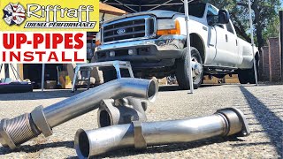 2001 F350 73  RiffRaff UpPipes Install  Stock up pipes leaking and falling apart JUNK SP [upl. by Ursala]